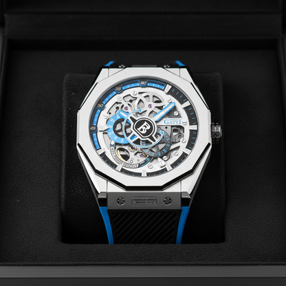 Bonest Gatti BG7601A automatic mechanical watch with sapphire crystal, blue accent skeleton dial, displayed in luxury presentation box
