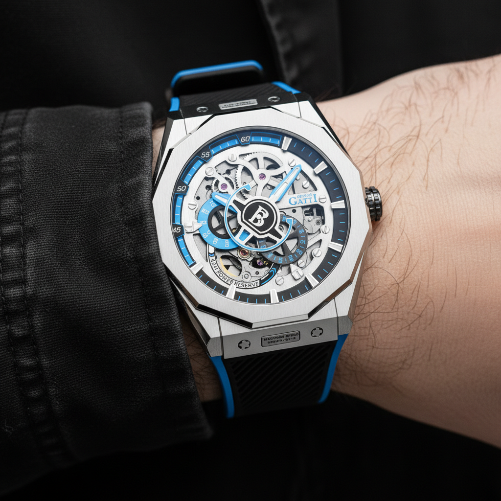 Bonest Gatti BG7601A automatic mechanical watch worn on wrist, blue accent skeleton dial, sapphire crystal sports luxury design