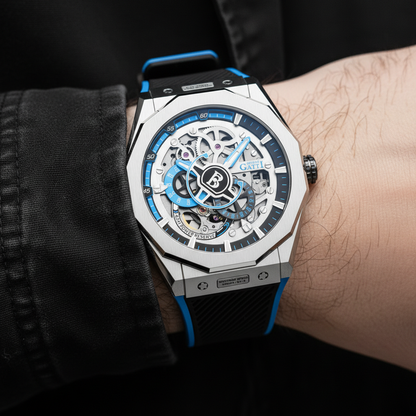 Bonest Gatti BG7601A automatic mechanical watch worn on wrist, blue accent skeleton dial, sapphire crystal sports luxury design