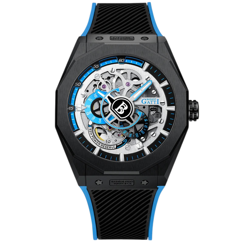 BONEST GATTI BG7601A automatic mechanical watch with black case, blue dial accents, skeleton movement, sapphire crystal and black rubber strap