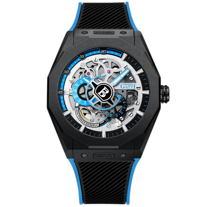 BONEST GATTI BG7601A automatic mechanical watch with black case, blue dial accents, skeleton movement, sapphire crystal and black rubber strap