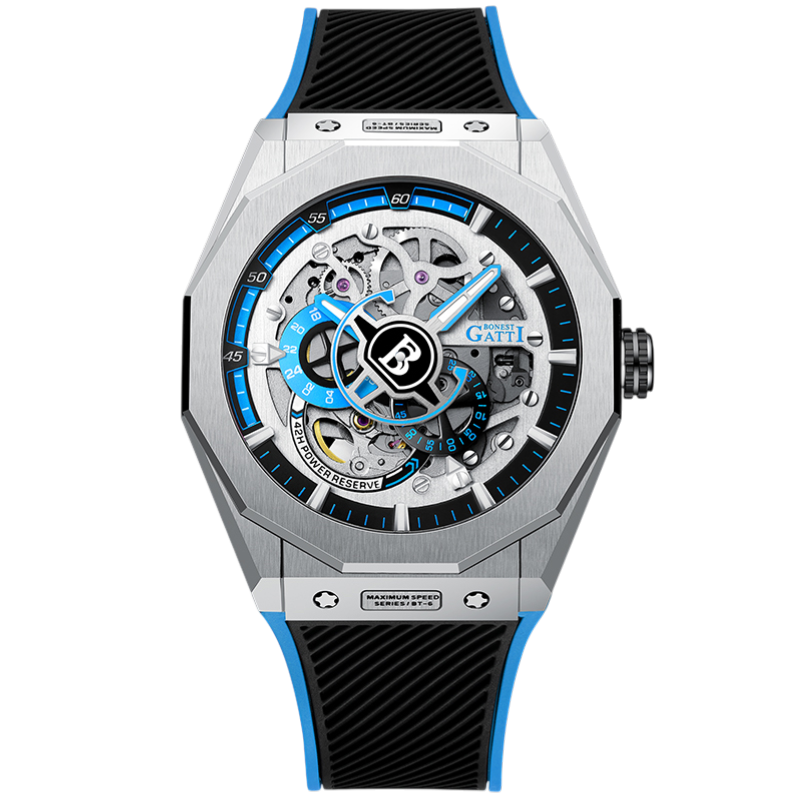 BONEST GATTI BG7601A automatic skeleton watch with silver case, blue dial details, visible mechanical movement and sapphire crystal