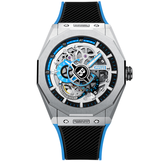 BONEST GATTI BG7601A automatic skeleton watch with silver case, blue dial details, visible mechanical movement and sapphire crystal
