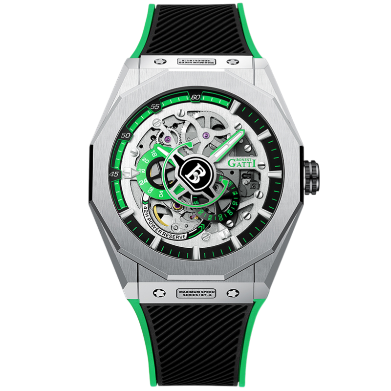 BONEST GATTI BG7601A mechanical skeleton watch with silver case, green dial accents, exposed gears, sapphire crystal and black rubber strap