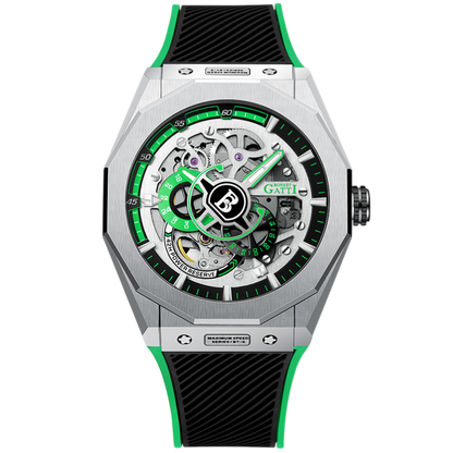 BONEST GATTI BG7601A mechanical skeleton watch with silver case, green dial accents, exposed gears, sapphire crystal and black rubber strap