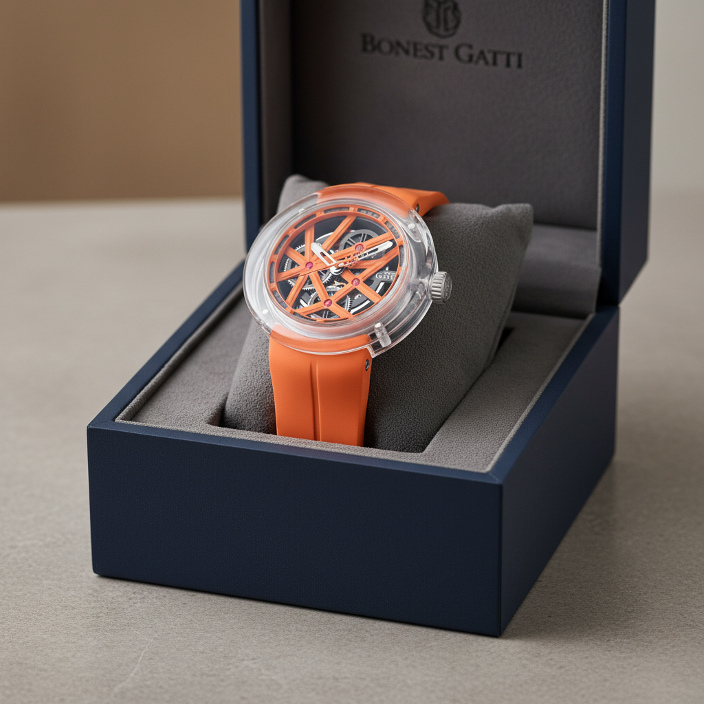 BONEST GATTI BG7702 – Orange Skeleton Watch Box Presentation
