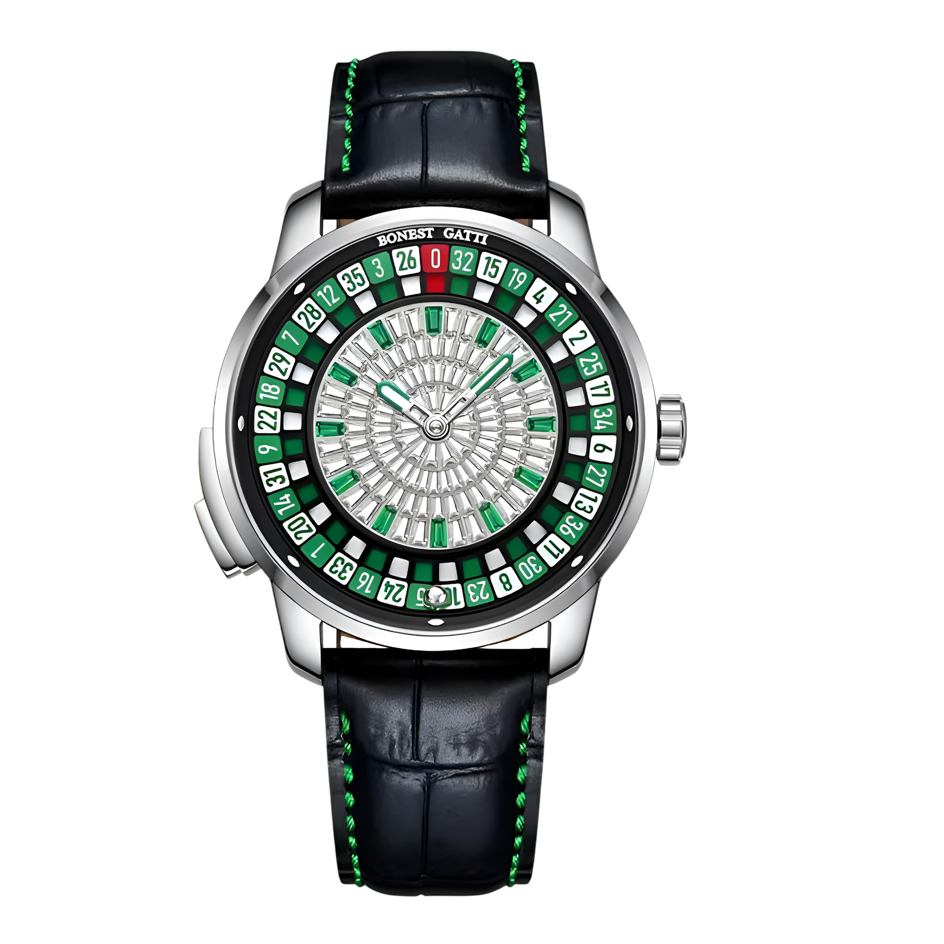 BONEST GATTI BG8004 – Silver Green Roulette Mechanical Watch Front View