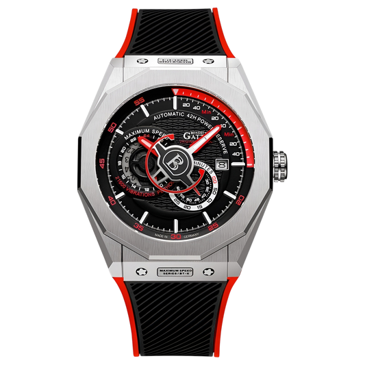 BONEST GATTI BG8601-A men’s automatic sports watch red dial edition with power reserve indicator and open heart design
