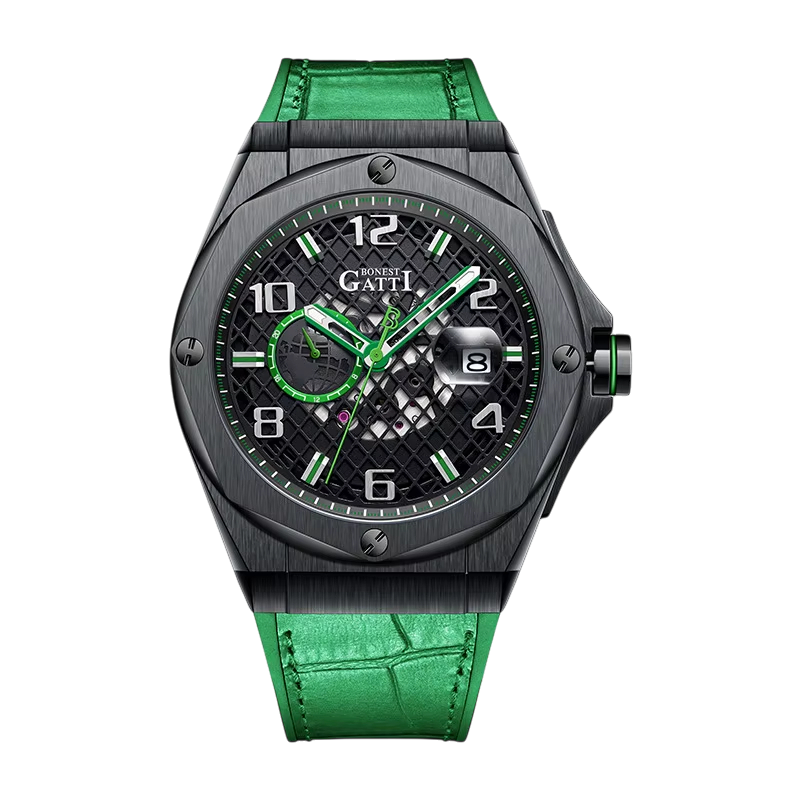 BONEST GATTI BG8701 – Front View of Green German Automatic Skeleton Watch
