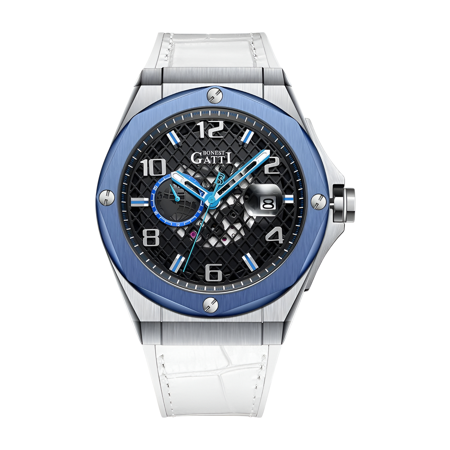 BONEST GATTI BG8701 – Front View of White German Automatic Skeleton Watch