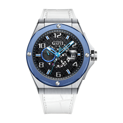 BONEST GATTI BG8701 – Front View of White German Automatic Skeleton Watch