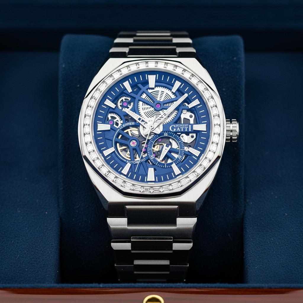 BONEST GATTI BG8801 automatic skeleton watch luxury stainless steel full view on black background