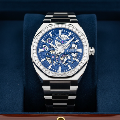 BONEST GATTI BG8801 automatic skeleton watch luxury stainless steel full view on black background