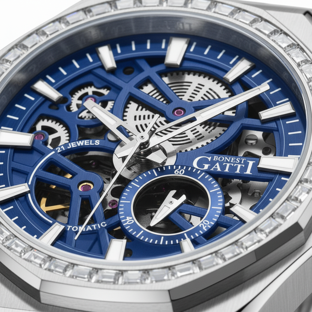 BONEST GATTI BG8801 skeleton dial close up showing gears markers and automatic movement details