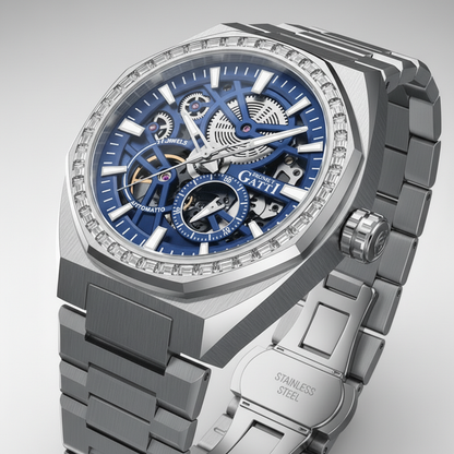 BONEST GATTI BG8801 luxury automatic skeleton watch showing stainless steel case depth and openwork dial