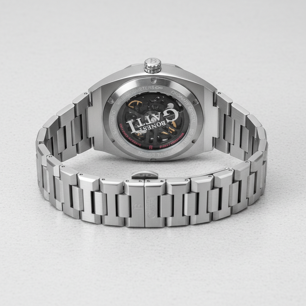 BONEST GATTI BG8801 automatic skeleton watch with transparent caseback showing mechanical movement