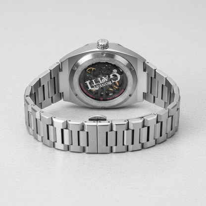 BONEST GATTI BG8801 automatic skeleton watch with transparent caseback showing mechanical movement