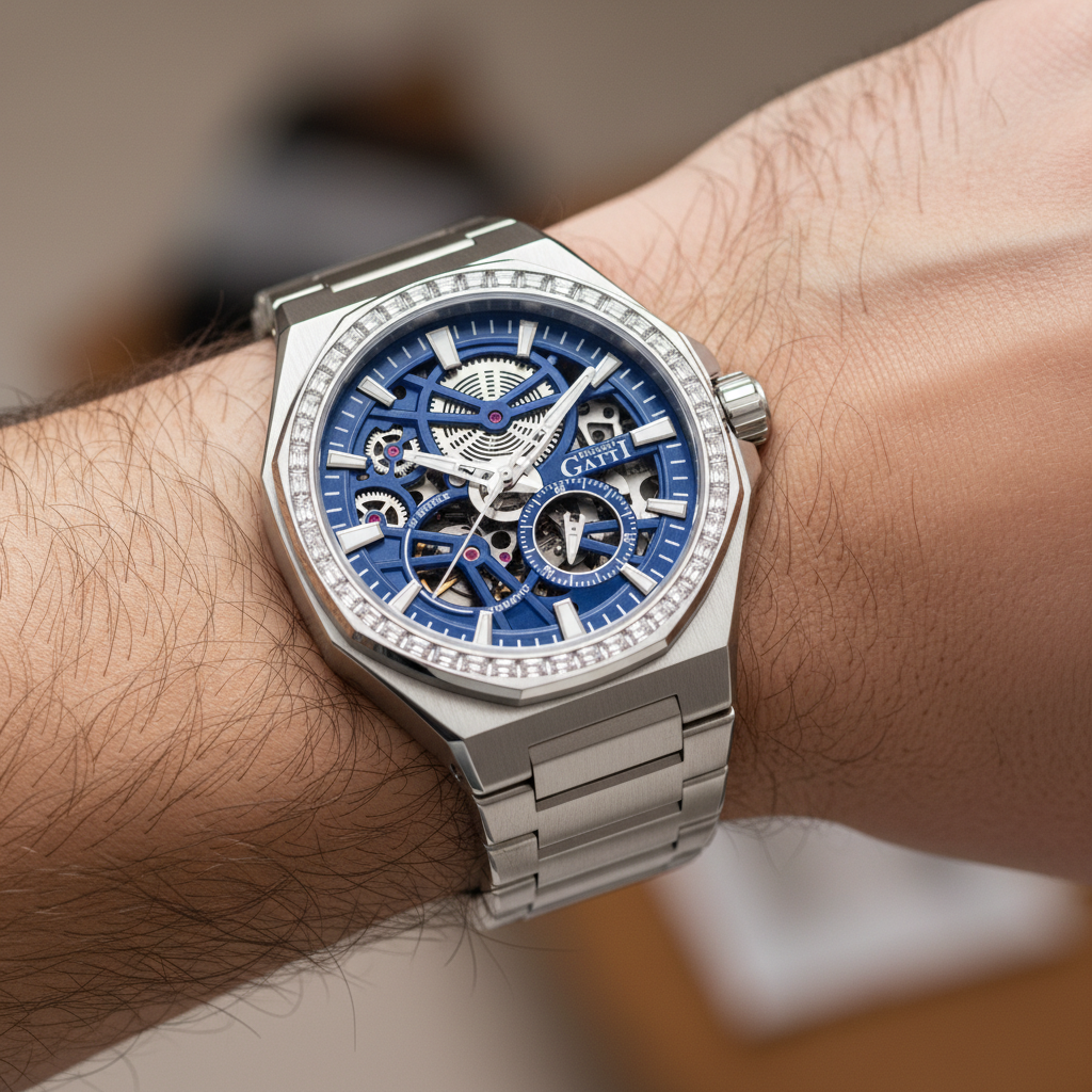 BONEST GATTI BG8801 men skeleton watch worn on wrist showing luxury stainless steel bracelet