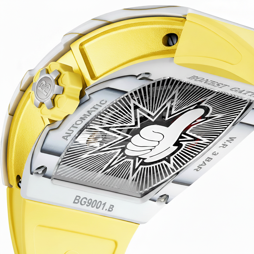 BONEST GATTI BG9001 automatic watch caseback showing mechanical movement with yellow strap and stainless steel tonneau case