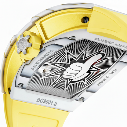 BONEST GATTI BG9001 automatic watch caseback showing mechanical movement with yellow strap and stainless steel tonneau case