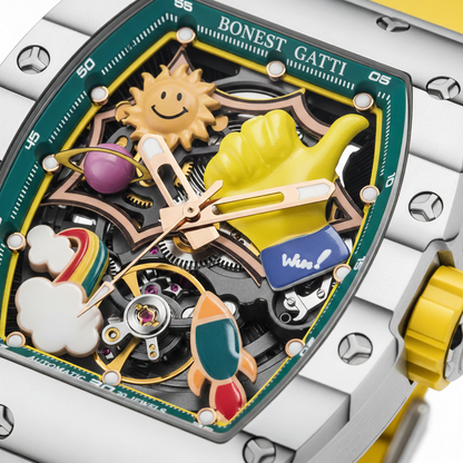 BONEST GATTI BG9001 cartoon skeleton dial macro showing colorful elements sun cloud rocket and automatic movement details