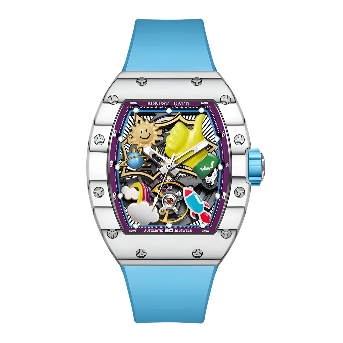 BONEST GATTI BG9001 – Front view of Sky Blue Edition showing 3D cartoon skeleton dial and colorful mechanical details
