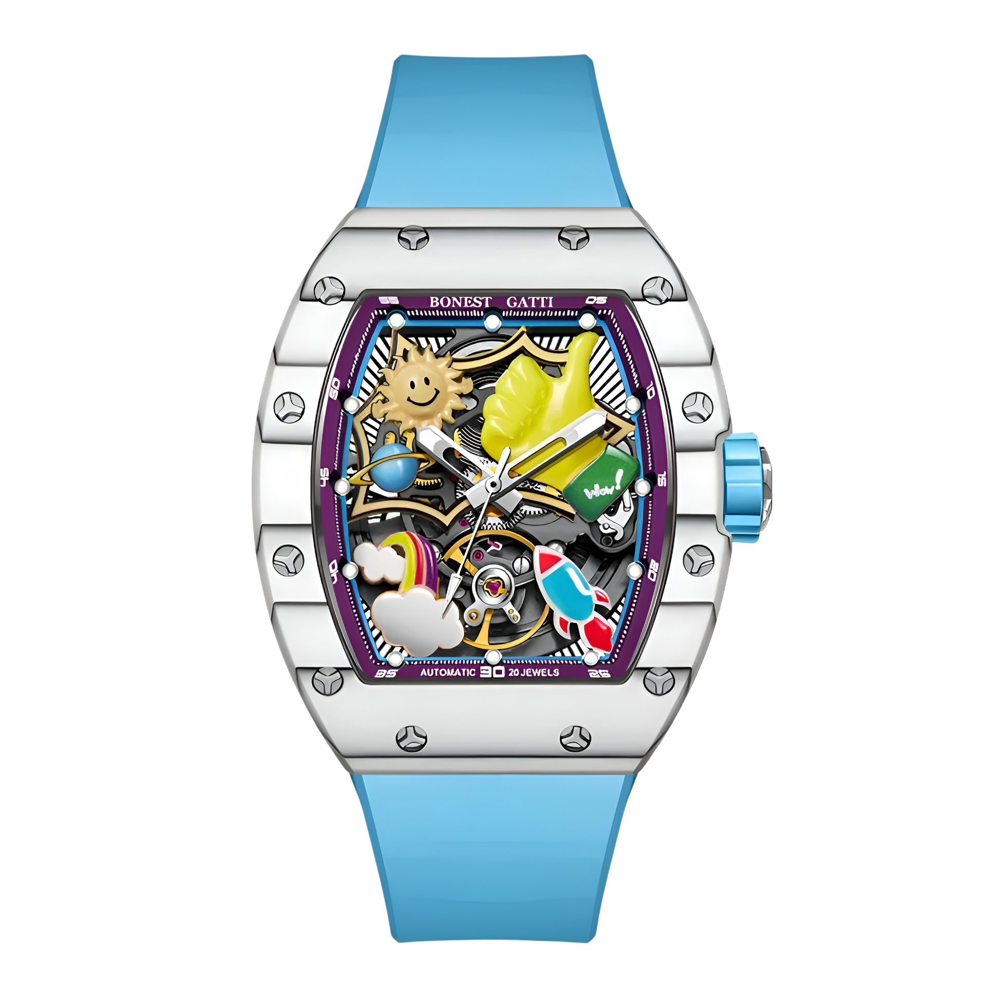 BONEST GATTI BG9001 – Front view of Sky Blue Edition showing 3D cartoon skeleton dial and colorful mechanical details
