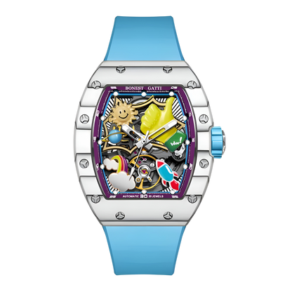 BONEST GATTI BG9001 – Front view of Sky Blue Edition showing 3D cartoon skeleton dial and colorful mechanical details
