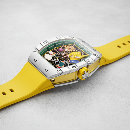 BONEST GATTI BG9001 tonneau watch side profile showing yellow crown stainless steel case and automatic construction