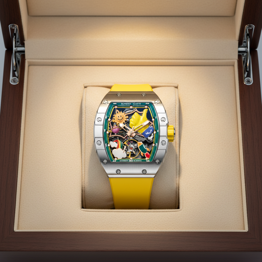 BONEST GATTI BG9001 luxury automatic cartoon skeleton watch presented in premium wooden box front view