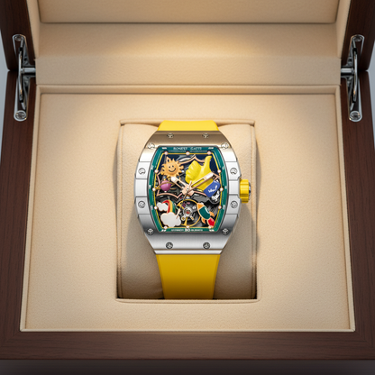 BONEST GATTI BG9001 luxury automatic cartoon skeleton watch presented in premium wooden box front view