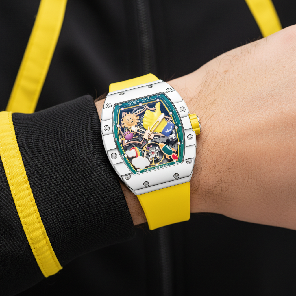 BONEST GATTI BG9001 automatic cartoon skeleton watch worn on wrist with yellow strap and tonneau stainless steel case