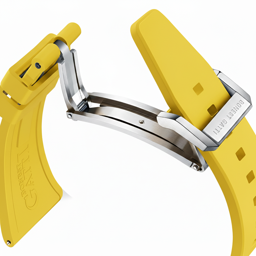 BONEST GATTI BG9001 yellow rubber strap with stainless steel folding clasp detail on luxury tonneau automatic watch