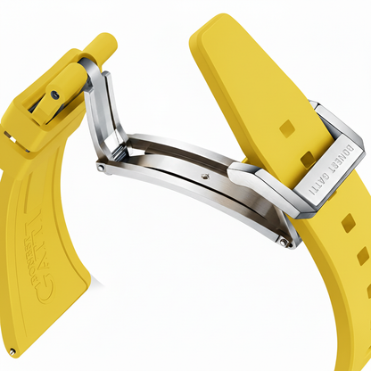 BONEST GATTI BG9001 yellow rubber strap with stainless steel folding clasp detail on luxury tonneau automatic watch