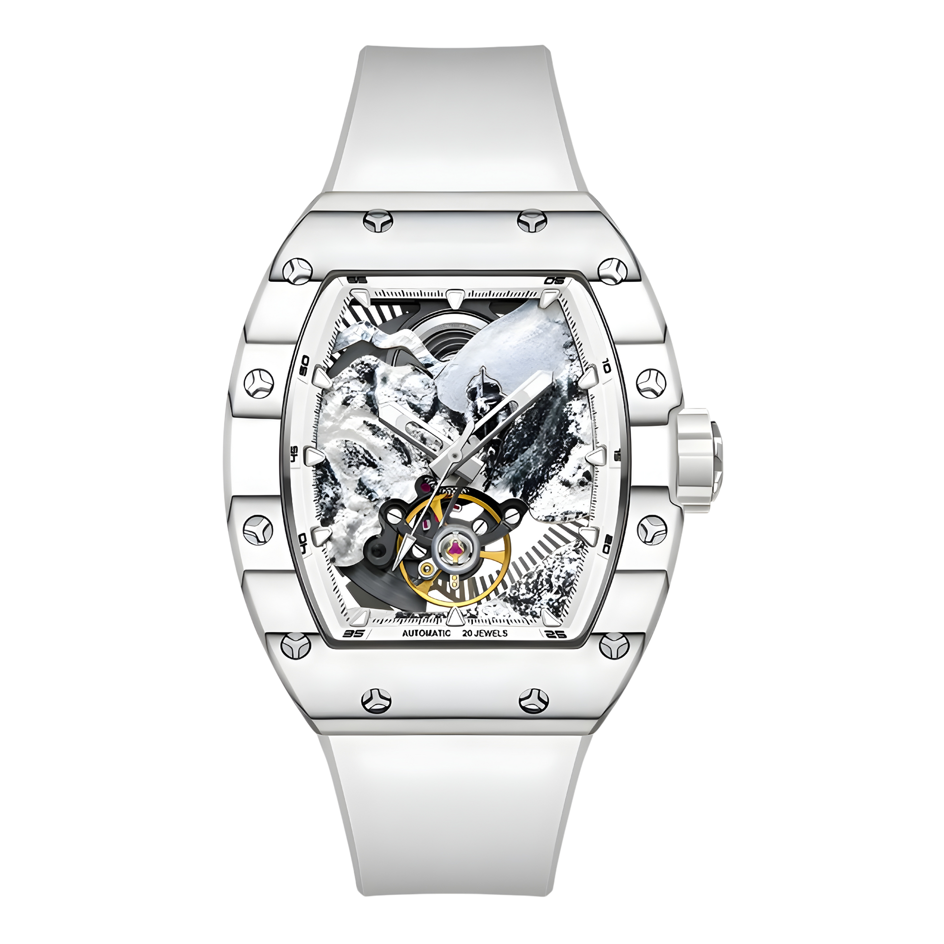 BONEST GATTI BG9002 automatic skeleton watch for men with tonneau case and mountain inspired open dial