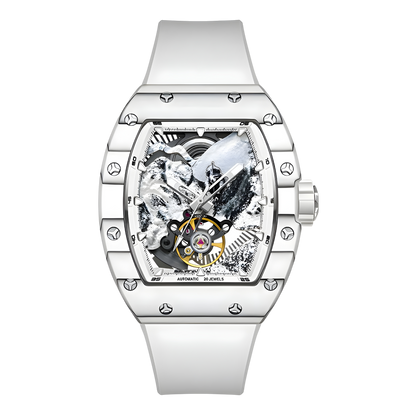 BONEST GATTI BG9002 automatic skeleton watch for men with tonneau case and mountain inspired open dial