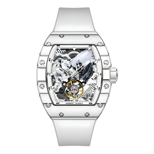 BONEST GATTI BG9002 automatic skeleton watch for men with tonneau case and mountain inspired open dial