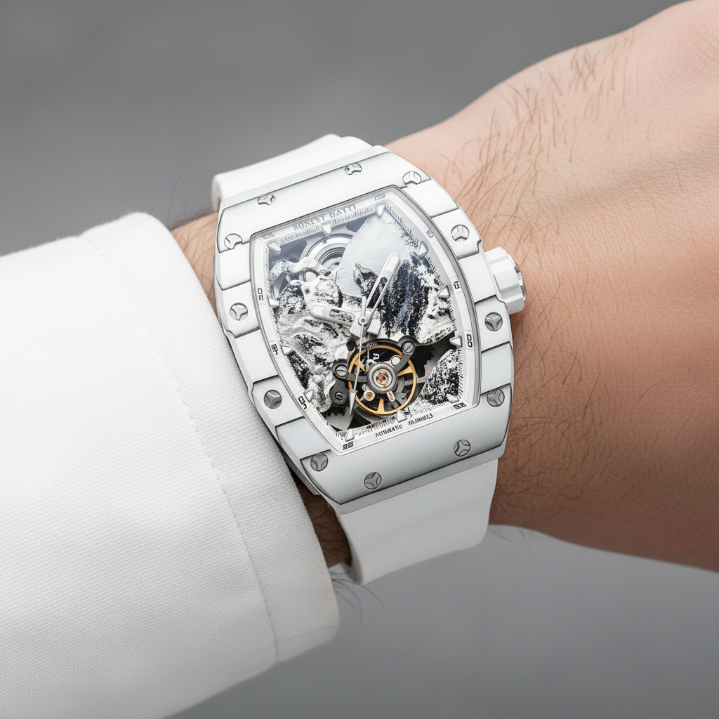BONEST GATTI BG9002 automatic skeleton watch worn on wrist with white strap for modern adventure style