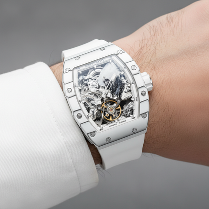 BONEST GATTI BG9002 automatic skeleton watch worn on wrist with white strap for modern adventure style