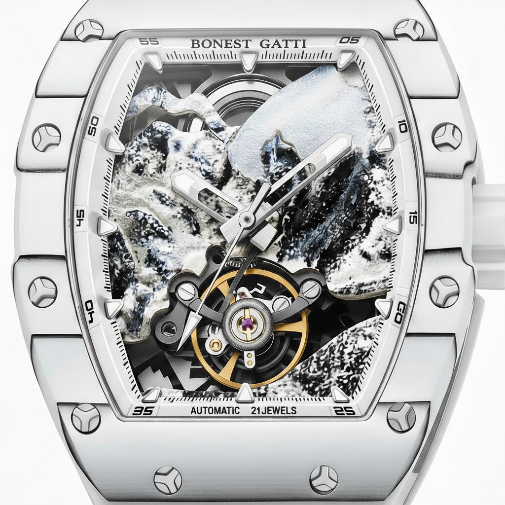 BONEST GATTI BG9002 skeleton dial macro showing balance wheel, mechanical layers, and mountain texture design