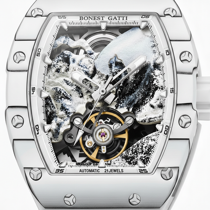 BONEST GATTI BG9002 skeleton dial macro showing balance wheel, mechanical layers, and mountain texture design