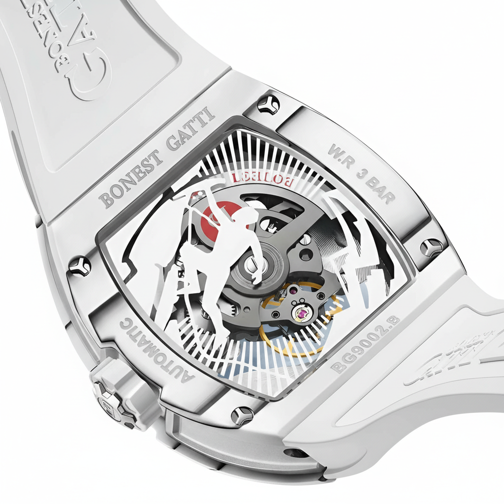 BONEST GATTI BG9002 automatic skeleton watch transparent case back showing mechanical movement and rotor
