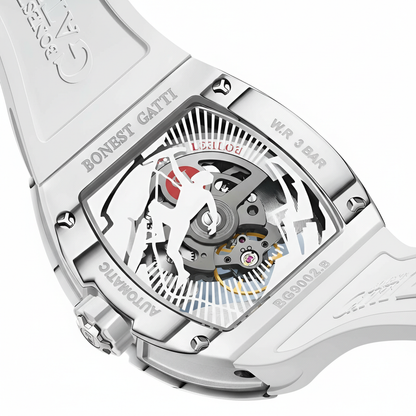 BONEST GATTI BG9002 automatic skeleton watch transparent case back showing mechanical movement and rotor