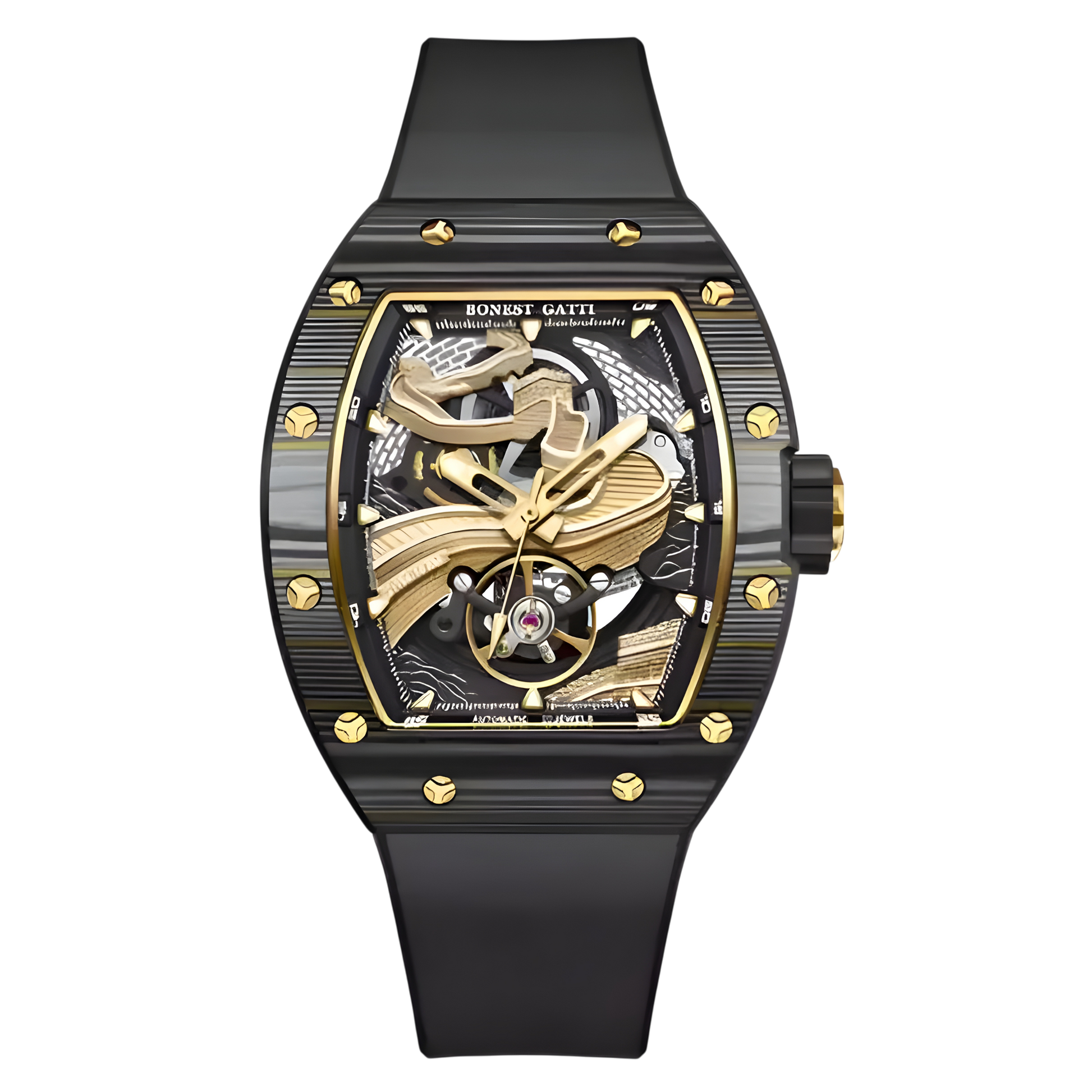 Bonest Gatti BG9003 automatic tonneau watch black and gold case with skeleton mechanical dial