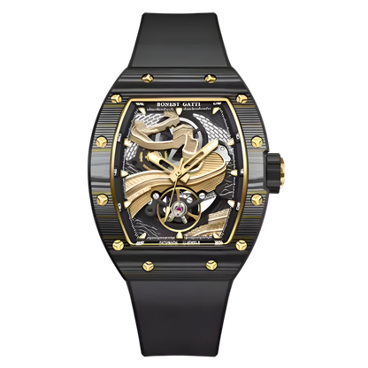 Bonest Gatti BG9003 automatic tonneau watch black and gold case with skeleton mechanical dial