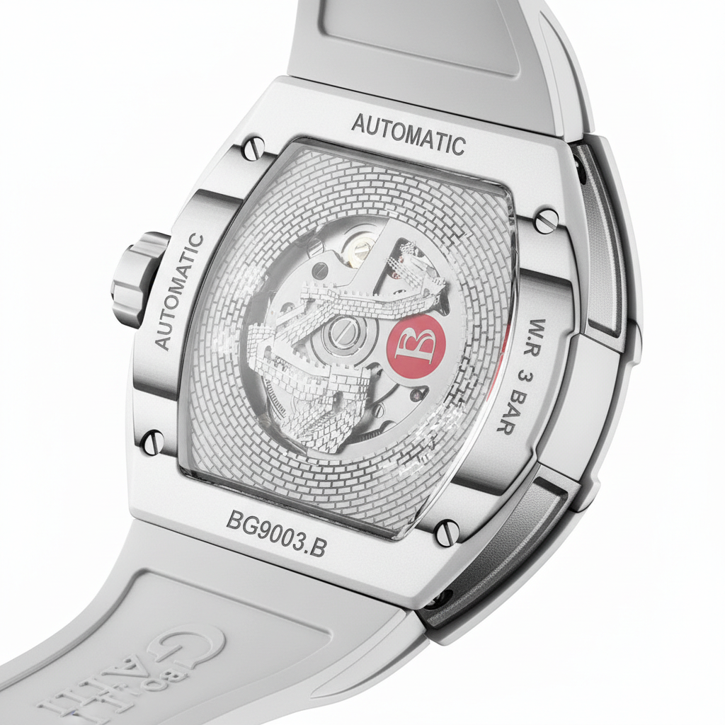 Bonest Gatti BG9003 automatic tonneau watch exhibition caseback showing mechanical movement