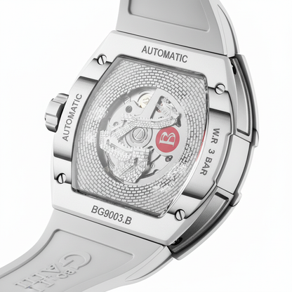 Bonest Gatti BG9003 automatic tonneau watch exhibition caseback showing mechanical movement