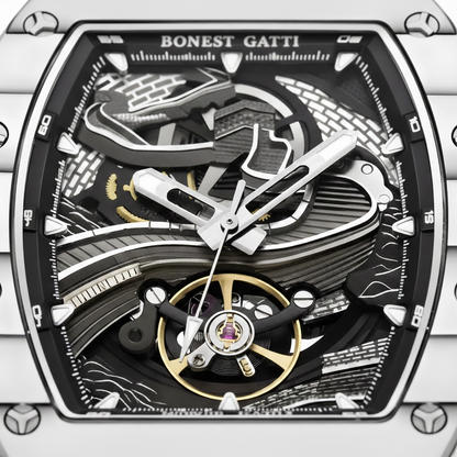 Bonest Gatti BG9003 automatic tonneau watch skeleton dial macro with exposed balance wheel