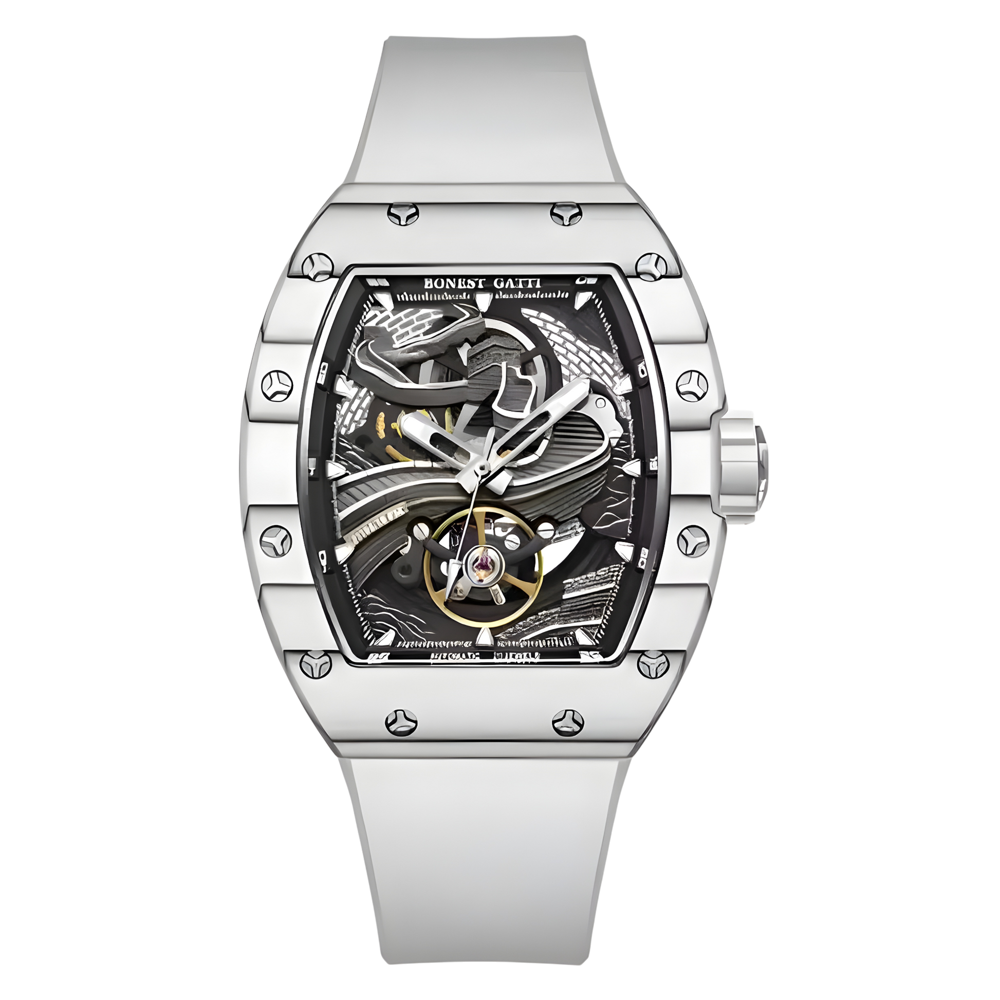 Bonest Gatti BG9003 automatic tonneau watch with white rubber strap and skeleton dial