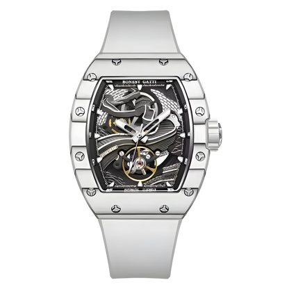 Bonest Gatti BG9003 automatic tonneau watch with white rubber strap and skeleton dial